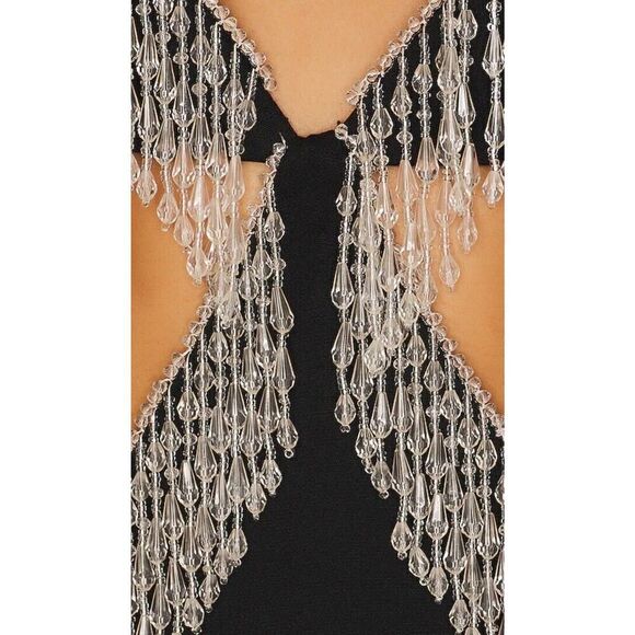 NBD Lali Dress Beaded Fringe Black Cut Out Mini Halter Revolve $328 NWT S - Picture 6 of 12